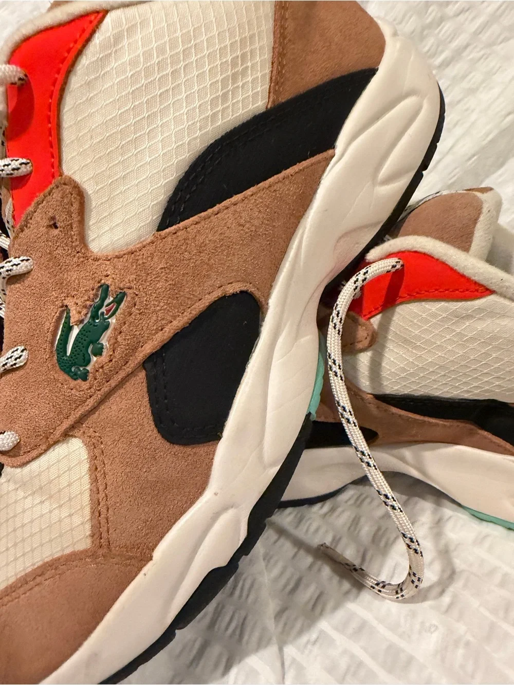 Lacoste Men’s Tan Suede Sneakers with Cream and Orange Accents